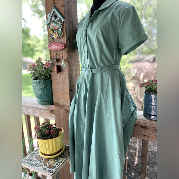 Colectif Vintage London Catalina Sea Green Swing House Dress Buttons Belt NWT - Picture 5 of 13